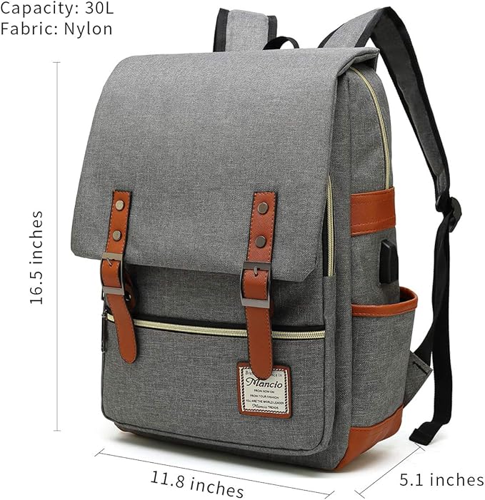 Mancio Slim Vintage Laptop Backpack For women,Men For Travel, College, Dayparks, Fits up to 15.6Inch Notebook in Grey