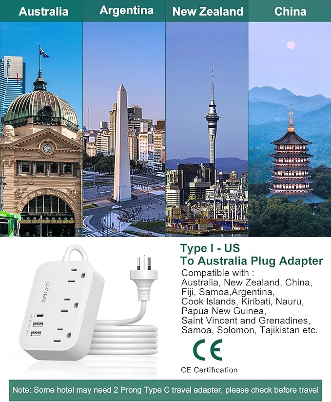 Australia Power Plug Adapter, New Zealand Power Adapter with 3 Outlets 3 USB Charging Ports (1 USB C), Type I Travel Plug for US to New Zealand China Argentina Fiji AU