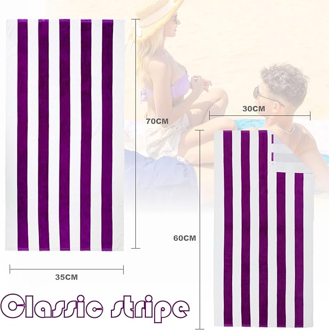 Exclusivo Mezcla 2 Pack Cotton Large 30x60 Inches Cabana Stripe Beach Towels, Super Absorbent Soft Plush Pool Bath Towel (Purple)