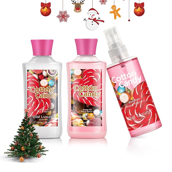 Cotton Candy Bath & Body Travel Kit, 3 Fl Oz, Ideal Skincare Gift Home Spa Set, Includes Shower Gel, Body Lotion and Fragrance Mist, Birthday Mother's Valentine's Day Gifts for Her