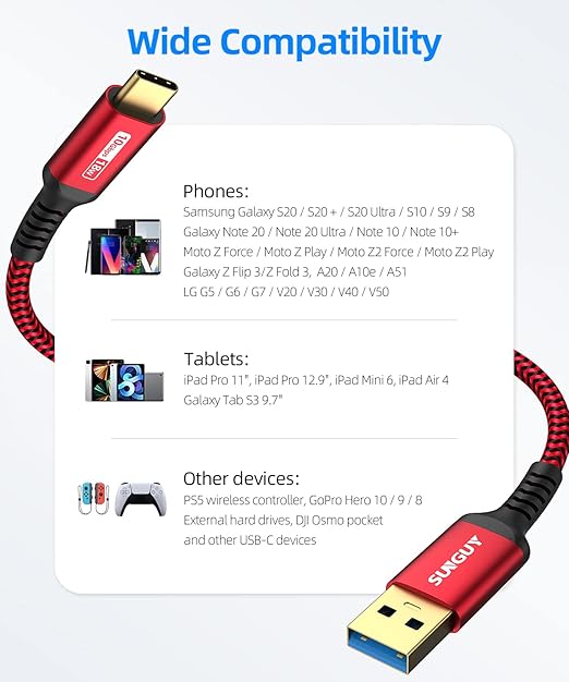 SUNGUY 10Gbps USB C 3.1 Gen 2 Cable, 5FT USB A to USB C 3A Fast Charging Android Auto, USB C CarPlay Cable, Compatible with iPhone 17/16/15 Pro Max, Galaxy S22 S21 Note 20, Pixel 6 5 (Red)
