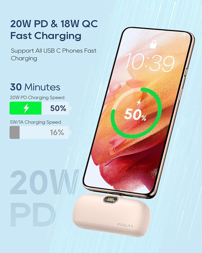 Kuulaa Portable Charger USB C Power Bank Small Portable Phone Charger Android Compact Plug in Battery Pack Portable Compatible with iPhone 17/16/15, Samsung Galaxy, Moto, LG, Pixel, Pink