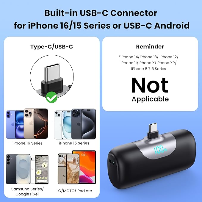 [2 Packs]Mini Portable Charger for iPhone 17/16,5500mAh LCD Display USB C Power Bank,Fast Phone Charging Travel Pocket Size Battery Pack for iPhone 17/17 Pro Max/Air/16/15 Series,Android(Black+Black)