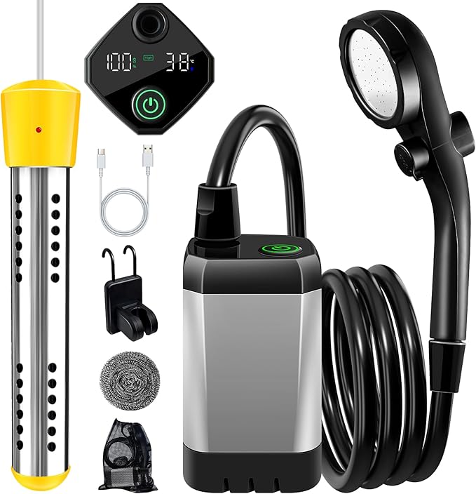 Portable Shower with Heater,6000Mah Battery Powered Portable Shower for Camping with 2000W Auto-Off Heater,Portable Heated Shower for Camping,Digital Power&Temperature Display for Hiking