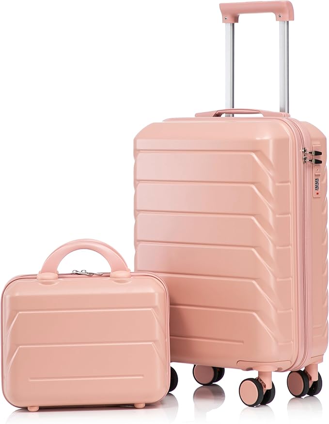 Kids Luggage Sets for Girls, 2 Piece Luggage Set, 20 Inch Rotating Wheel Suitcase with 14 Inch Cosmetic Case, Lightweight Hardshell Suitcase with 360° Spinner Wheels for Travel (Pink)
