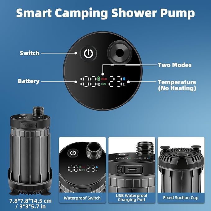 Fotgear Portable Camping Shower - 8000mAh Rechargeable Outdoor Shower Pump with Filtered Showerhead, Intelligent LED Display, IPX8 Waterproof Camping Shower Kit for Hiking, RV, Car Washing, Pet Bath