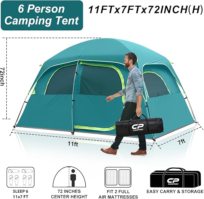CAMPROS CP Upgraded 6/8 Person Camping Tents, Waterproof Windproof Family Tent with Larger Mesh Windows & Door, Double Layer, Easy Set Up, All-Season Dome Tent with Top Rainfly & Carry Bag
