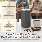 SterlingPro Stainless Steel French Press Coffee Maker 1.75 L (59 oz) Grey – Double Walled Insulated Extra Large French Press, Durable Design Keeps Drinks Hot, Easy to Use and Clean for Rich Flavor