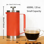 Stainless Steel Small French Press, 600ml Double Wall Insulated Coffee Maker Heat Resistant Non-Slip Handle, Portable Coffee Brewer for Home, Office, Camping, Single & Couple Daily Use