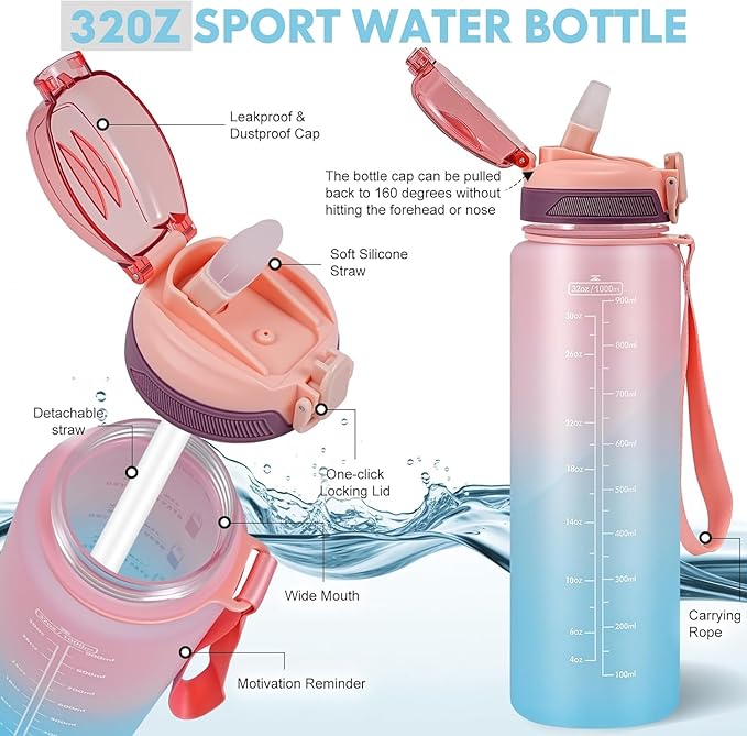 Water Bottle with Straw 1L,Boys Water Bottles with Straw 1 Litre,Waterbottle Leak-Proof Sports Water Bottle,Plastic Drinks Bottles Toxin Free，Bpa-Free (Pink Blue)