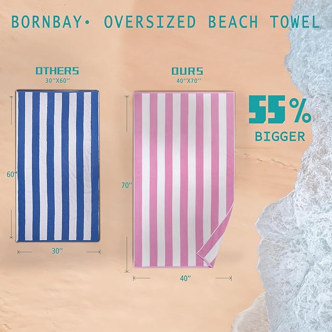 Bornbay Large Beach Towel Oversized - 40"X70" Big Cute Beach Towels, Extra Large Thick Pink Stripe Towels, XL Wide Fluffy Swimming Towel Oversize, Giant Mauve Stripe Cotton Pool Towel for Adults