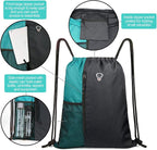 Drawstring Backpack Sports Gym Bag for Women Men Large Lightweight Backpack with Zipper and Water Bottle Mesh Pockets (Black/Teal)