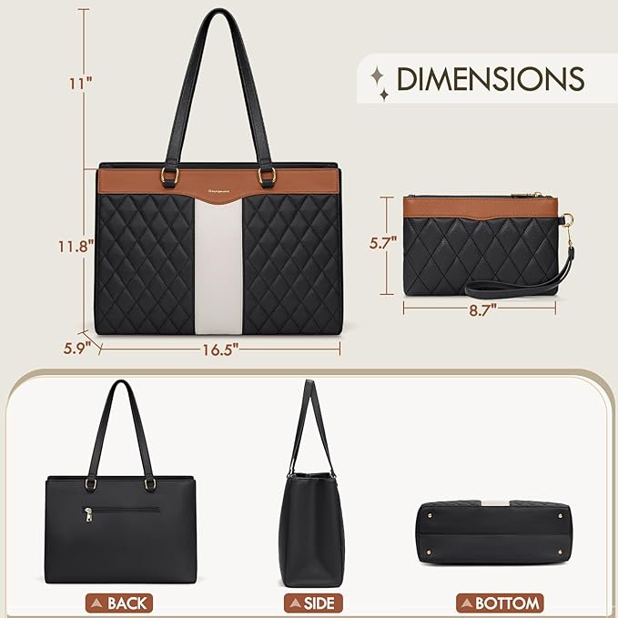 RAINSMORE Laptop Bag for Women 15.6 Inch Work Tote Bags Leather Laptop Tote Professional Laptop Purse Computer Handbag Womens Briefcase Tote with Clutch for Teacher Office Travel, Black Brown & White