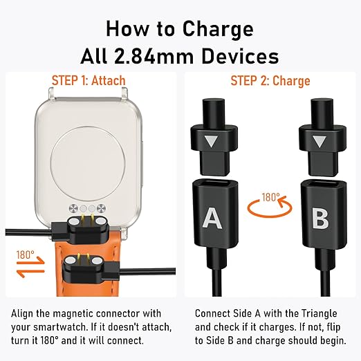 2-Pack AB284 Reversible Smart Watch Charger – Innovative Magnetic Charging Cable, Solves Polarity Mismatch, Universal for All 2.84mm-Pin-Pitch Devices: Select Bone Conduction & Open-Ear Headphones