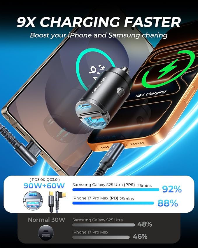 MRGLAS 90W Fast iPhone 17/16 Car Charger, USB C Car Charger with Type C Cable, PD45W & QC45W, Flush Fit, All Metal, Cigarette Lighter RV Power Adapter for iPhone 17 16 Samsung S26 S25 Ultra Pixel 10