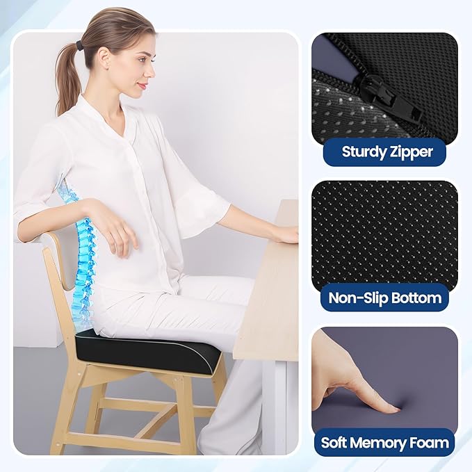 SweetSlubr Seat Cushion for Tailbone Pain Relief, Office Chair Cushion, Memory Foam Large Chair Cushion with Non-Slip Cover for Soft Support at Office Chair, Car Seat, Airplane Black/2X-Large