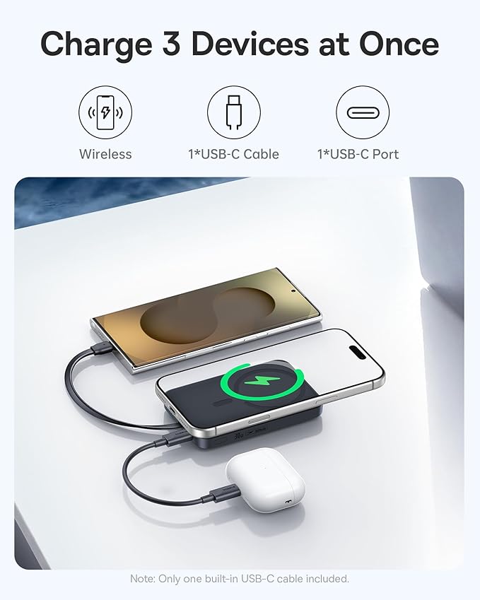 Baseus 0.3" Ultra Slim 5000mAh MagSafe Portable Charger Bundle with 10,000mAh 30W Magnetic Portable Charger Built-in Braided USB-C Cable for iPhone 17 Pro Max/Air/16/15/14/13, AirPods, iPad