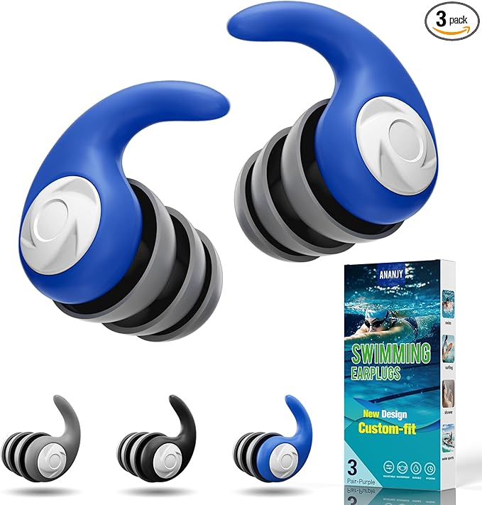 Waterproof Swimming Ear Plugs for Adults - 3 Pairs of Reusable Soft Silicone Swim Earplugs,Perfect for Surfing, Diving,Pool,Showering and Other Water Sports - Keep Water Out and Ear Protection