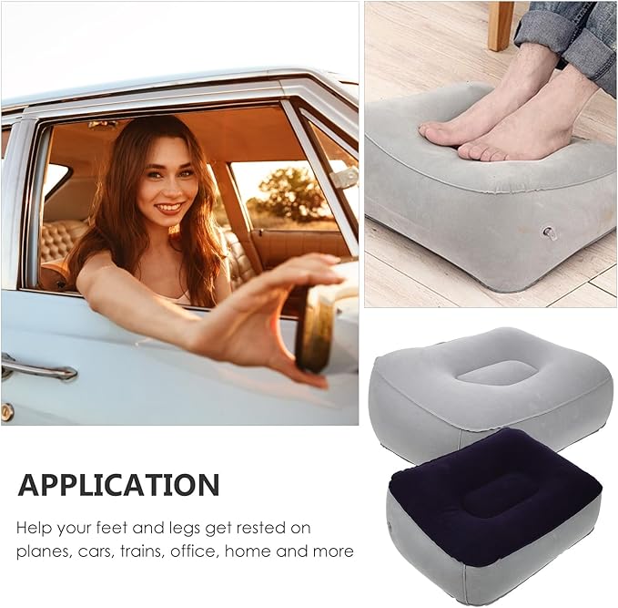 Garneck 2 Pcs Inflatable Foot Rest Pillow, PVC Flocking Travel Foot Cushion with Adjustable Air Pressure, Multi-use Stool for Outdoor, Airplane, Car (Grey Blue + Grey)