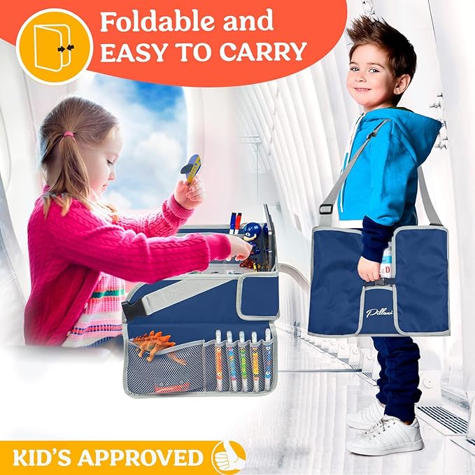 PILLANI Kids Travel Tray for Car - Toddler Travel Essential with iPad Holder & Dry Erase Board - Road Trip Essentials - Carseat Table - Toddler Lap Desk Organizer for Airplane - Kids Travel Essentials