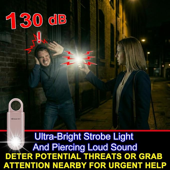 130dB Personal Safety Alarm Strobe Light. Loud Sound Keychain Siren with Carabiner for Women, School Children, Night Runners, Hiking. Bear Alarm Deterrent. SOS Emergency Self Defense Alerts. Rose Gold