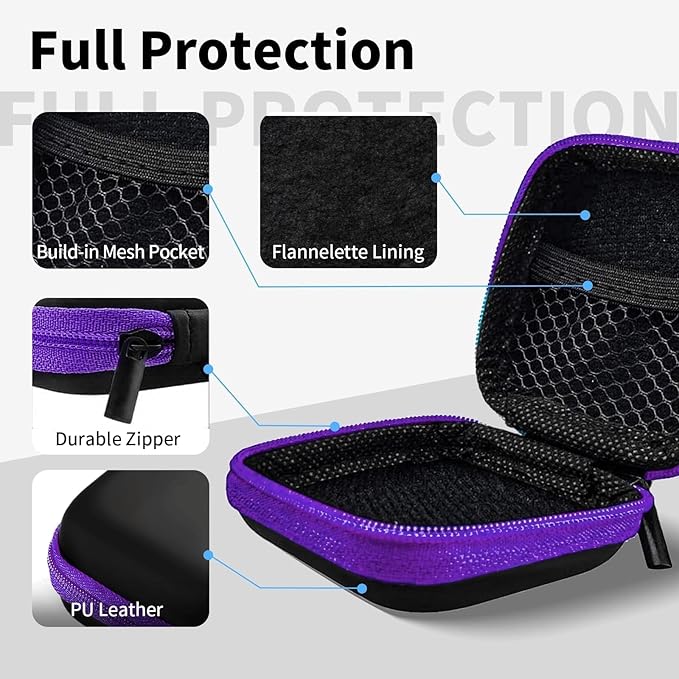 Square Earbud Case Portable EVA Carrying Case Storage Bag Tech Pouch Cell Phone Accessories Organizer with Carabiner for Earphone, Earbud, Earpieces, SD Memory Card, Camera Chips, Purple
