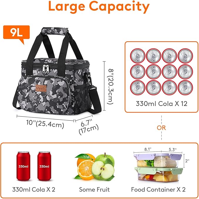 Lifewit Medium Lunch Bag, Insulated Lunch Box, Soft Cooler Cooling Tote for Adult Men Women, Black Camo 12-Can (9L)