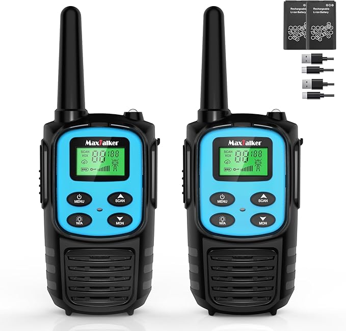 MaxTalker Walkie Talkies Long Range for Adult, MT10 Rechargeable Walkie Talkies FRS Two Way Radio, NOAA, 1200mAh Li-ion Battery USB-C Cable, LED Flashlight,VOX Walkie Talkie for Camping 2Pack (Blue)