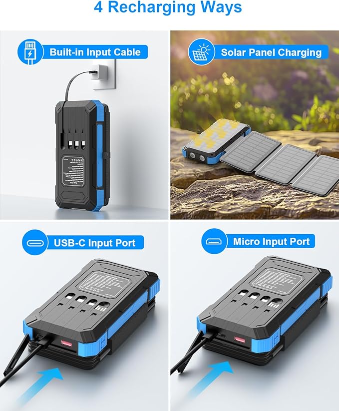 2 Pack, Solar Charger with Built-in Cables 49800mAh +Solar Power Bank 49800mAh for iPhone Android Samsung