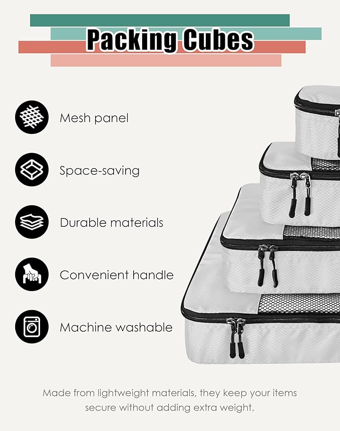 WTREE 4-Piece Packing Cubes Travel Accessories Set for Suitcases - Luggage Organizer Bags with Double Zipper - Mesh Top - Small/Medium/Large/Slim - Beige