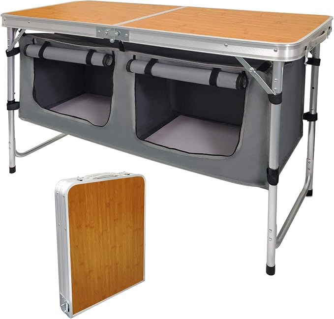 CampLand Outdoor Folding Table Aluminum Lightweight Height Adjustable with Storage Organizer for BBQ, Party, Camping