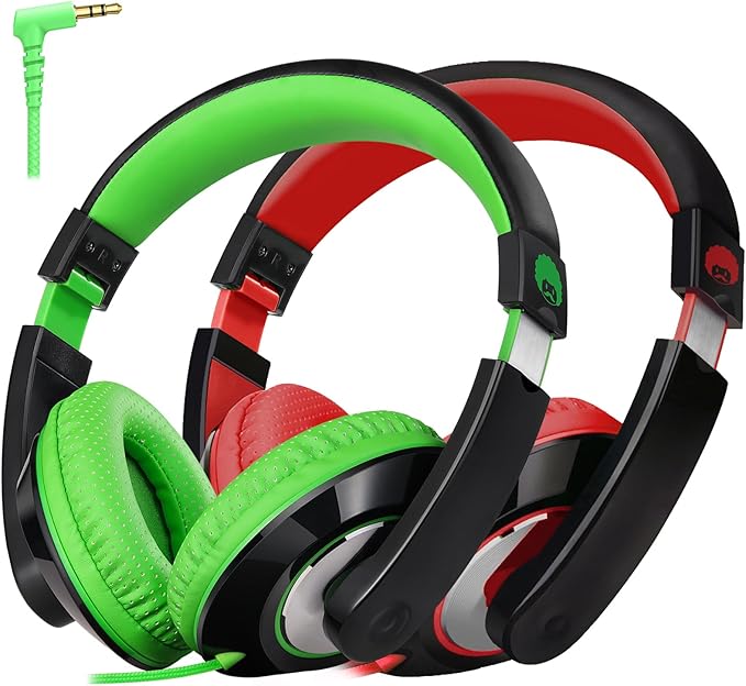 rockpapa Comfort Kids Headphones for School, Lightweight Foldable Portable Childs Boys Girls Teens Headphones Wired 3.5mm with 4.9ft Cord for Travel Airplane Tablet Phone Laptop Black/Green+Black/Red
