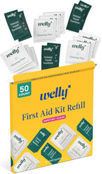 Welly First Aid Kit Refill Clean Carton 50ct | Individually wrapped Hand Sanitizer and Cleansing Wipes |