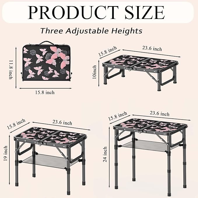 YihuiKo Small Camping Table, Vintage French Butterflies Pattern Folding Table, Adjustable Height, Lightweight & Portable Outdoor Picnic Table with Carry Handle for Patio, Living Room, Travel