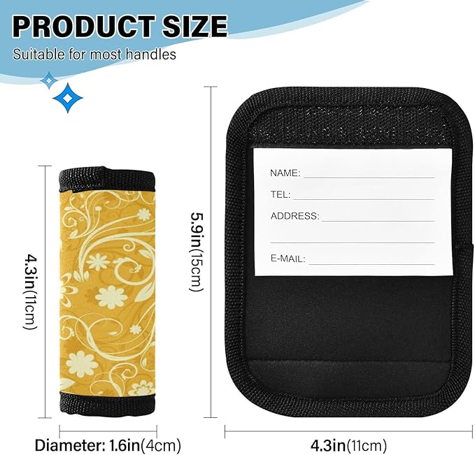 4 PC Luggage Handle Wrap Luggage Handle Covers Tags for Suitcase Bags Travel Luggage Handle Identifier Gripper Retro Yellow Floral