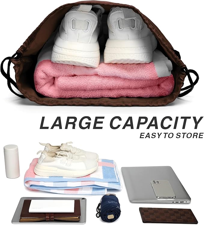 Drawstring Backpack Sports Water Resistant String Bag Sport Gym Sackpack for Women Men Students Large Size with Zipper, Brown