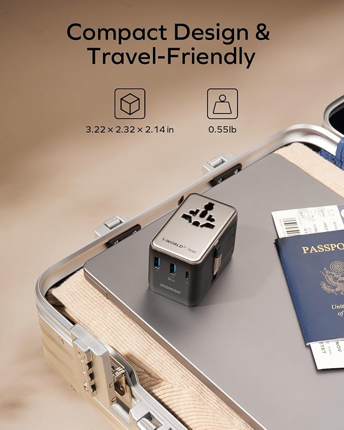 MOMAX 70W Universal Travel Adapter, 6-in-1 International Power Adapter with USB-C Retractable Cable, Dual-AC Plug Adapter PD Fast Charging Worldwide Wall Charger for US/UK/EU and Over 200 Countries