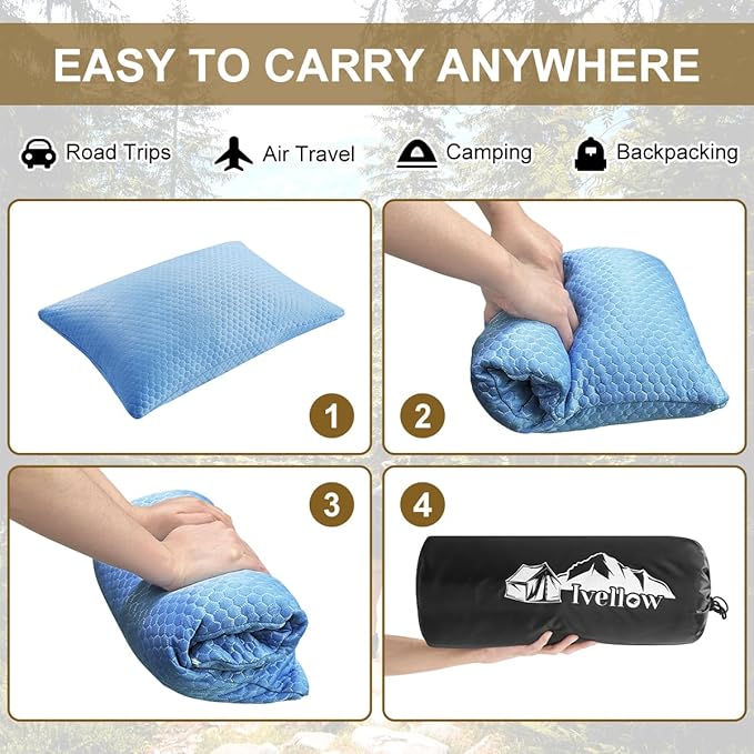 Ivellow Travel Pillow Camping Pillow for Sleeping Cooling Shredded Memory Foam Pillow Compressible Compact Medium Firm,Breathable,Ideal for Adults Kids Outdoor Backpacking Hiking Essential Gear Blue M