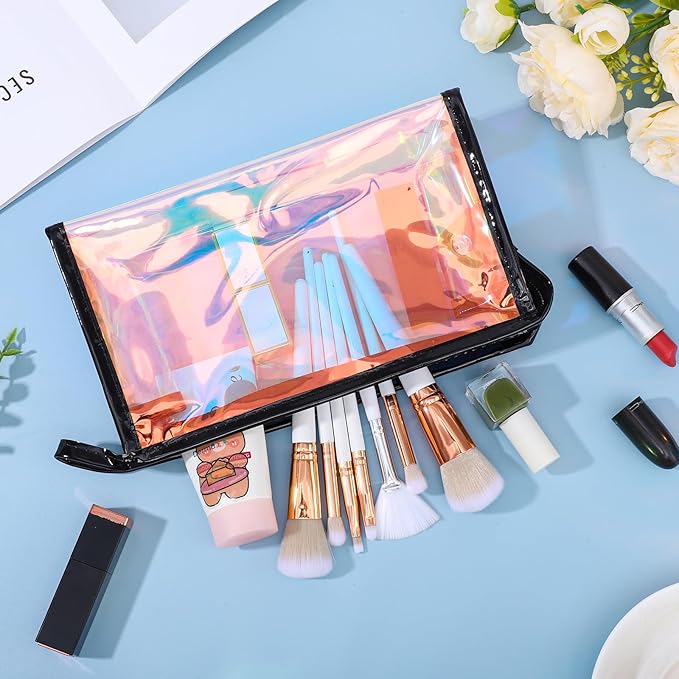 BESARME 10 Pcs Holographic Makeup Bags Bulk, Clear Portable Zippered Toiletry Bag Waterproof Cosmetic Bags SPA Bathroom Vacation Party Favors Bachelorette Gifts