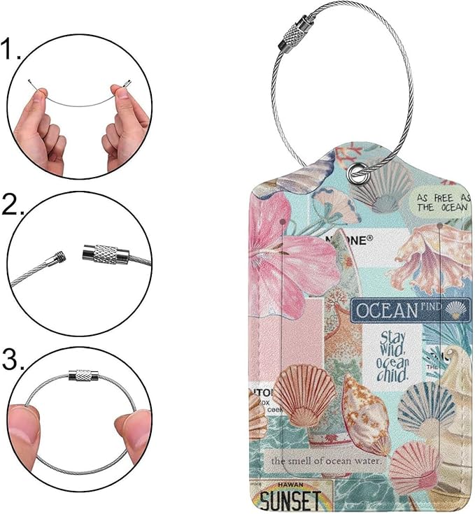 2 Pack Luggage Tags for Suitcases, PU Leather Bag Tag with Privacy Cover Address Card Travel Essentials-Summer Beach Collage