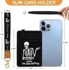Yonlevres Skeleton Credit Card Holder Slim Wallet, RFID Wallet Women Front Pocket Wristlet Lanyard, Small Card Holder Travel Cute Thin Card Case ID Window PU Leather Funny Card Organizer Gifts Girls