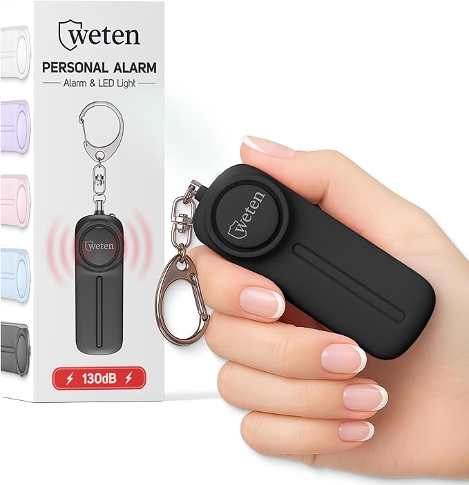 Personal Alarm Keychain for Women Self Defense - Loud Safety Whistle Alert Device with LED Light – 130 dB Emergency Security Handheld Siren Key Chain by WETEN, Black