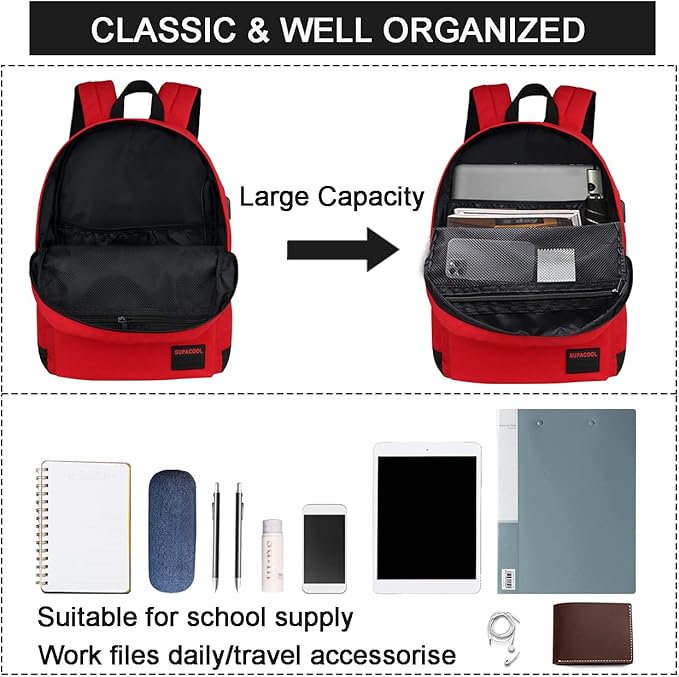 SUPACOOL Casual Laptop Backpack for Men and Women, Backpack for College, USB Charging Port, Lightweight Pack Back(Red)