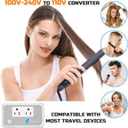 220V to 110V Voltage Converter US to Europe for Curling Iron and Hair Straighteners, Power Converter for European Travel Plug Adapter with 2 USB A & 2 USB C Ports (Grey White-Global)
