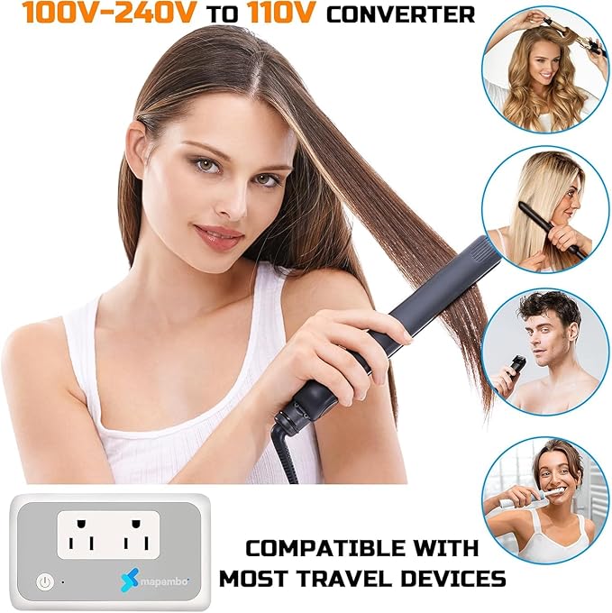 220V to 110V Voltage Converter US to Europe for Curling Iron and Hair Straighteners, Power Converter for European Travel Plug Adapter with 2 USB A & 2 USB C Ports (Grey White-Global)