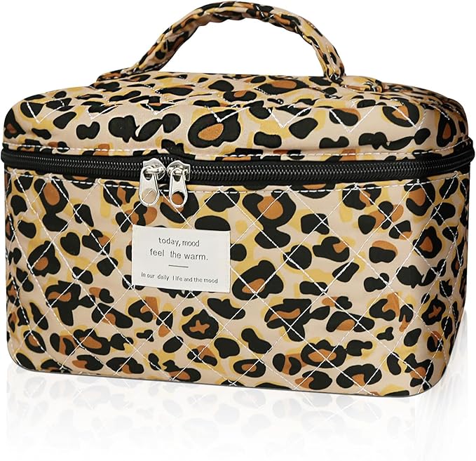 Gosect 1pc Large Makeup Bag, Cute Cosmetic Bag for Women Girls, Floral Coquette Aesthetic Toiletry Bag, Travel Make Up Organizer Bag (Leopard Print)