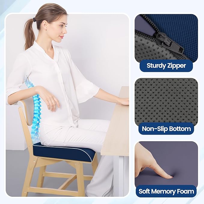 SweetSlubr Seat Cushion for Tailbone Pain Relief, Office Chair Cushion, Memory Foam Large Chair Cushion with Non-Slip Cover for Soft Support at Office Chair, Car Seat, Airplane Dark Blue/Large