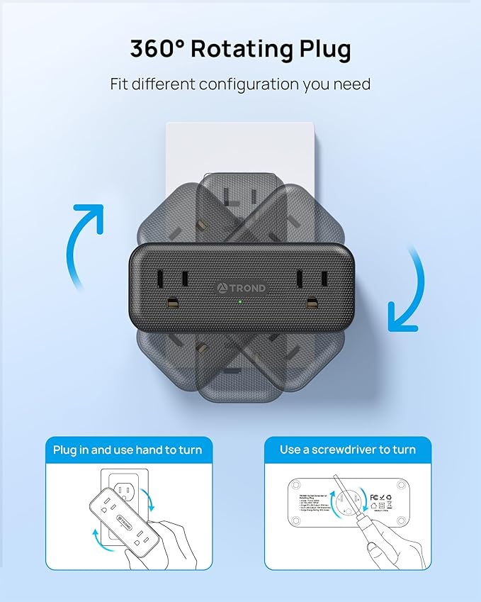 TROND 6-Outlet Wall Extender with 360° Rotating Plug, 3-Way Surge Protector Outlet Splitter with 2 PD20W USB-C & 2 USB-A Ports, 900J, Compact Plug Adapter for Tight Spaces in Home, Kitchen, Bathroom
