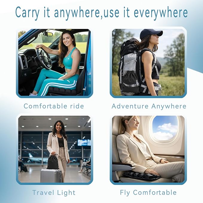 Upgraded Inflatable Travel Seat Cushion for Airplane and Car, Portable Air Cushion for Long Flights, Office Chair and Wheelchair, Pressure Relief Seat Pad for Sitting Comfort