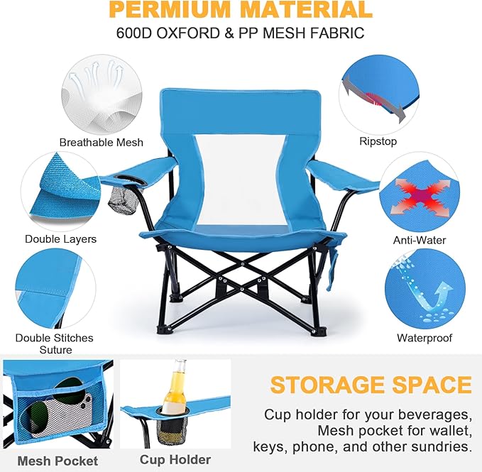 Joyfair Beach Camping Chair (2 Pack), Outdoor Folding Lawn Chair for Adults, Heavy Duty Portable Chair with Armrest for Outside Fishing, Sport, Patio, Cup Holder & Storage Pocket, Carry Bag (Blue)